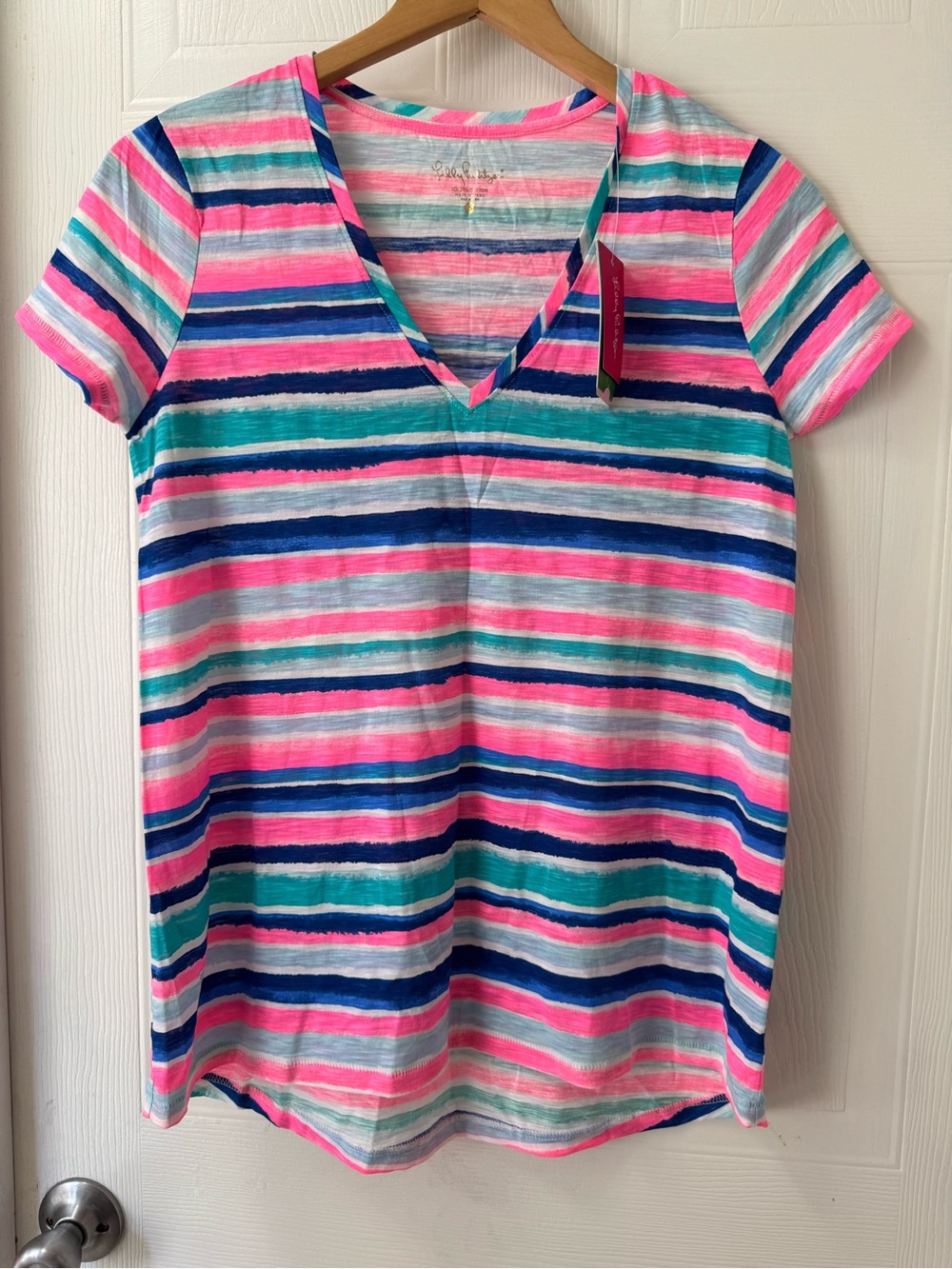 Lilly Pulitzer Pink, Navy, Teal & White Striped V-Neck Tee
